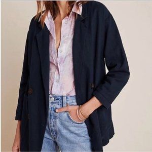 Anthropologie Amadi Navy Blue Linen Blend Double Breasted Oversize Blazer Jacket